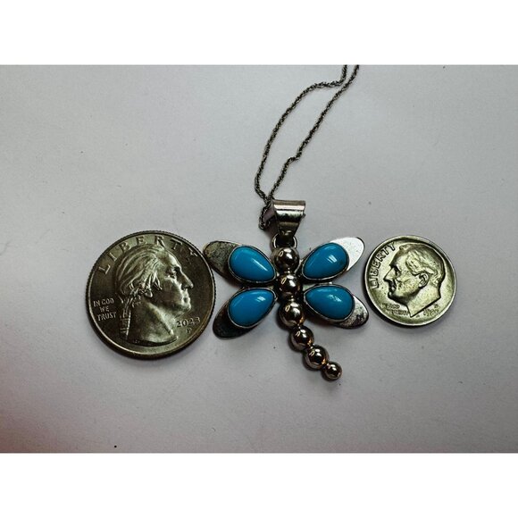 Sterling Silver 925 Turquoise Dragonfly Pendant Necklace 18" Spring Ring 7.68g - Picture 6 of 10
